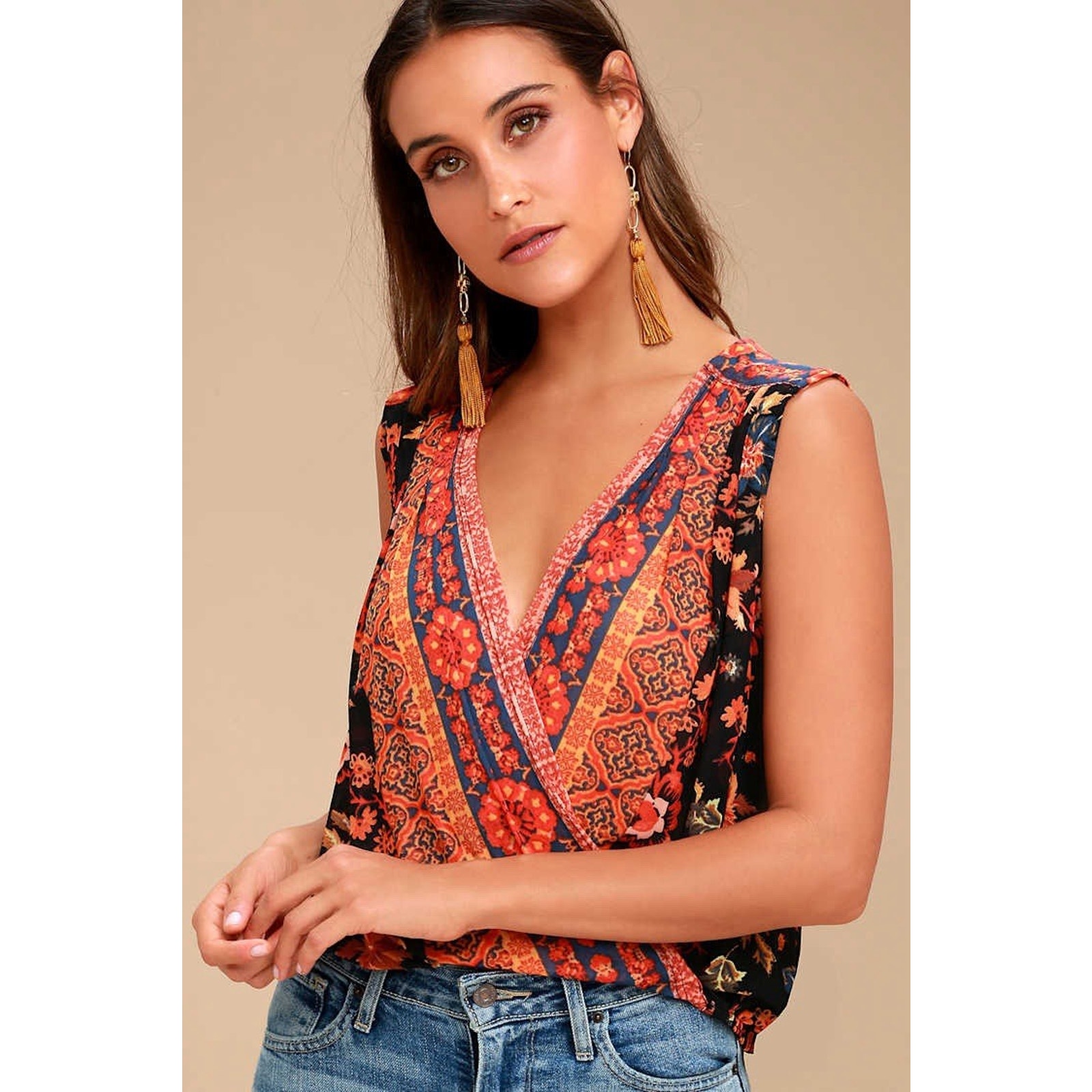 Free People Black And Orange Patterned Blouse
